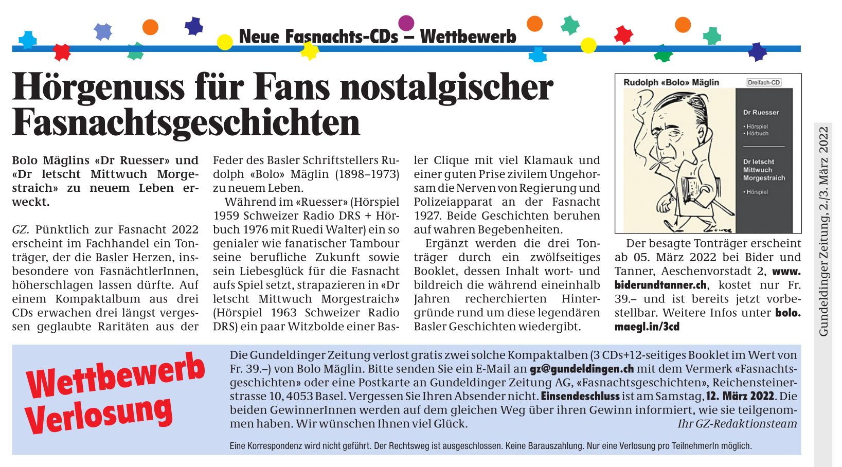 Pressetext + Wettbewerb in der Gundelidinger Zeitung vom 2.3.22