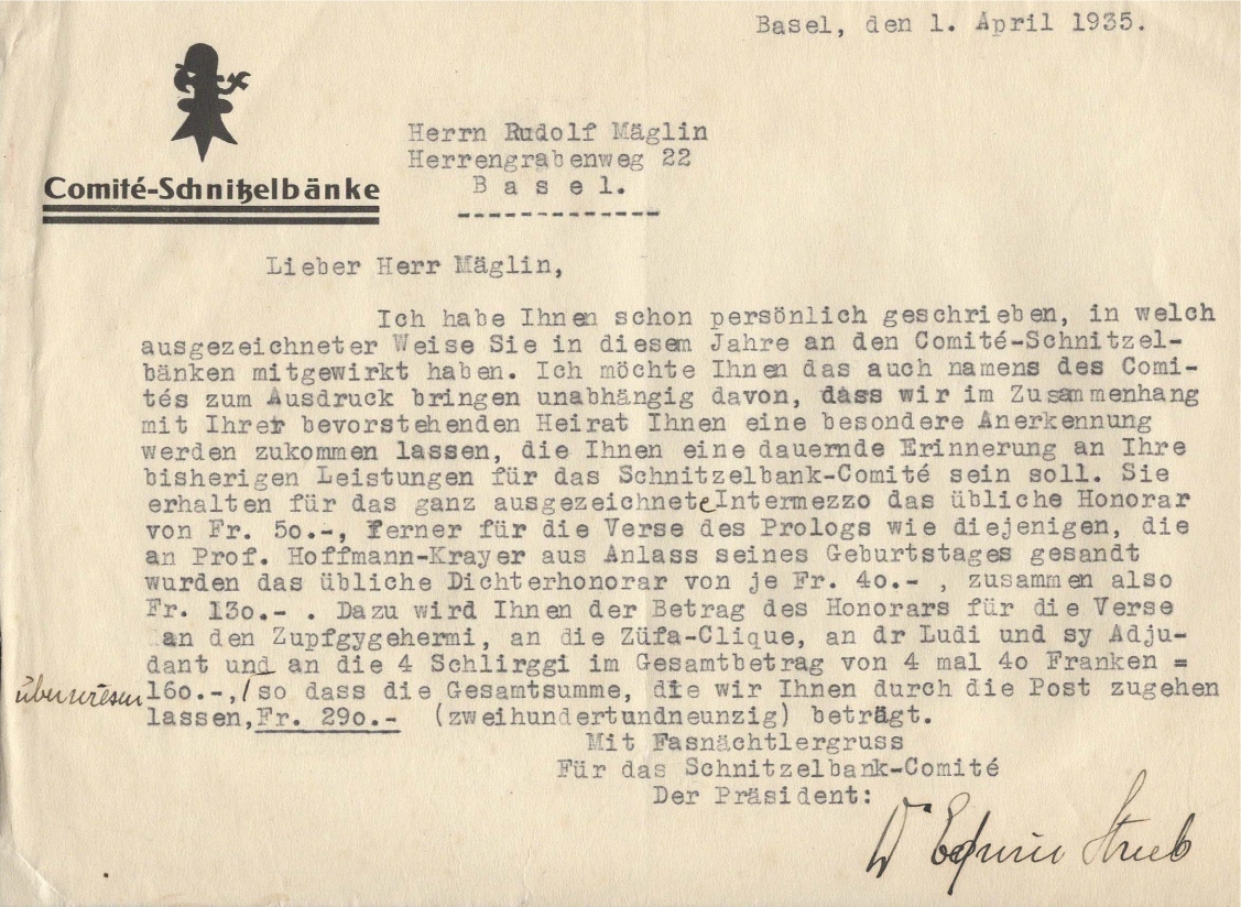 Dankesschreiben des Schnitzelbank-Comités von 1935